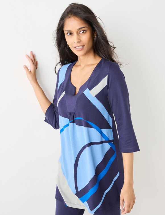 Tunique col V manches 3/4, imprimé graphique (marine / gris) Tunique col V manches 3/4, imprimé graphique (marine / gris)